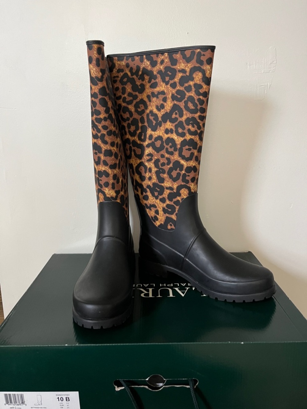 Lauren Ralph Lauren Women's Rain Boots Sz 10 B Leopard Print & Black NIB